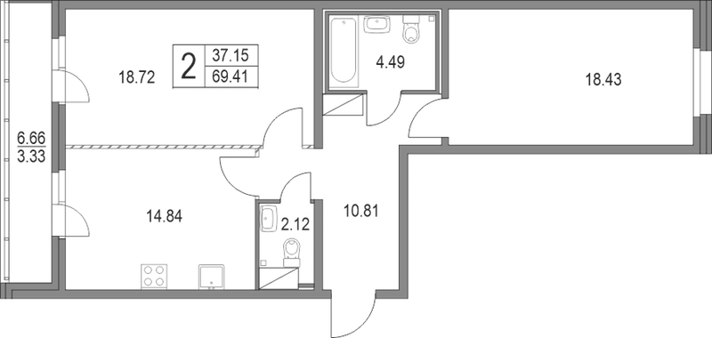 2-комнатная квартира 69.41 м², 4/19 эт., ЖК «Приморский квартал»